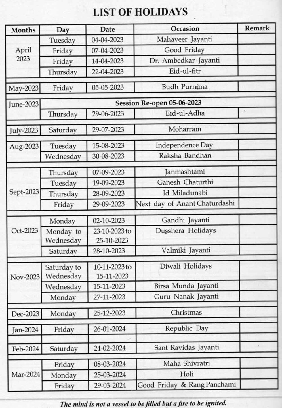 List of holidays shree vaishnav academy